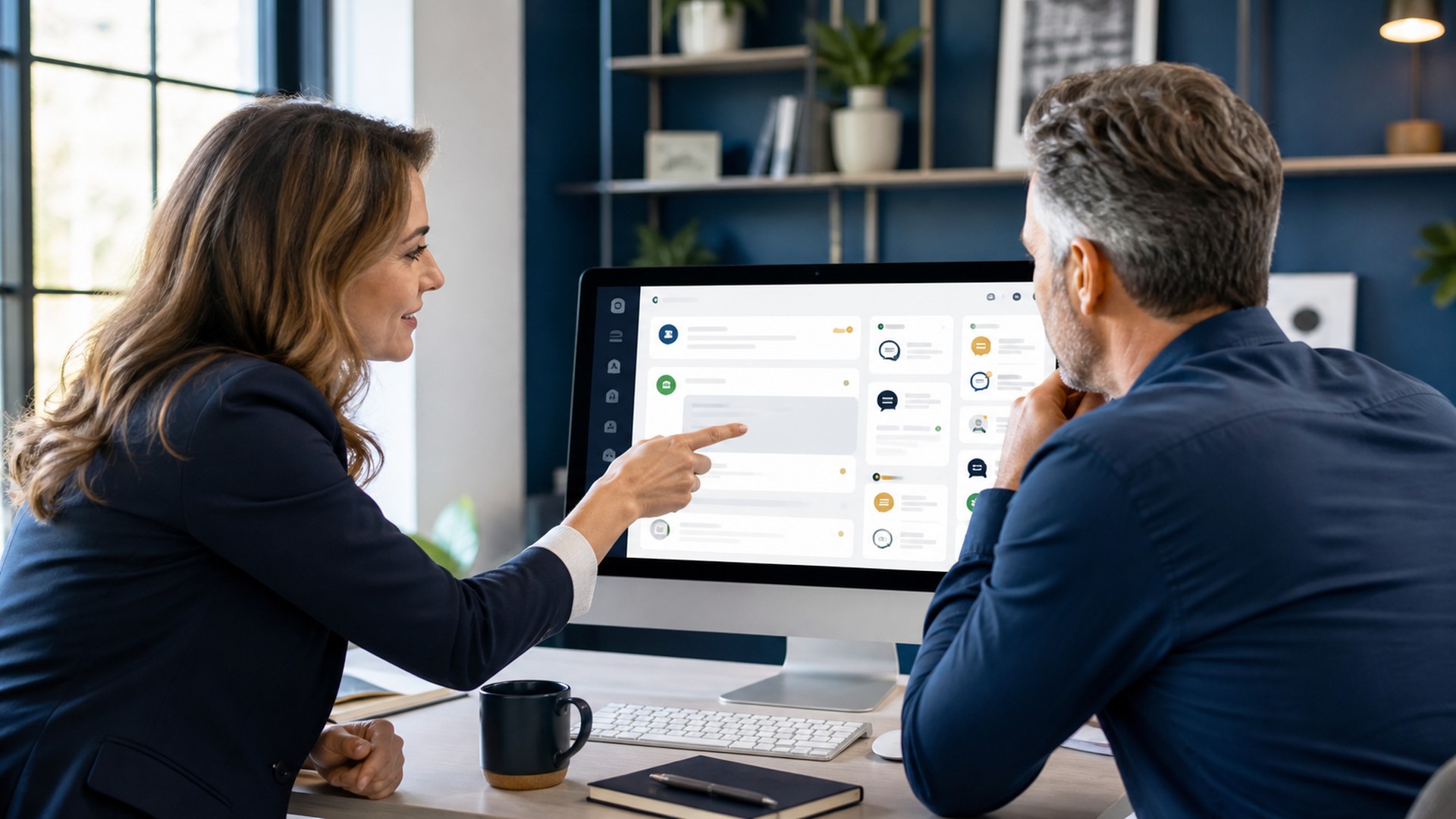 Local business owner reviewing customer feedback and online reputation with a digital marketing specialist