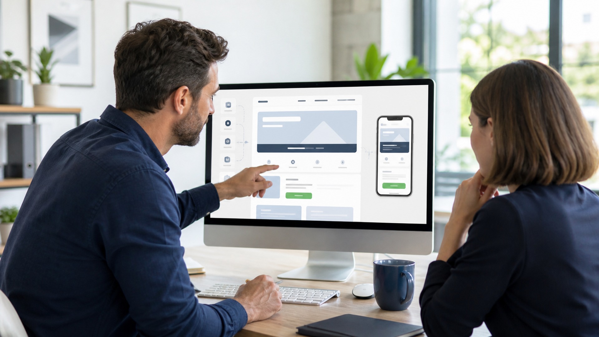 Local business owner reviewing a mobile-friendly website conversion journey with a specialist